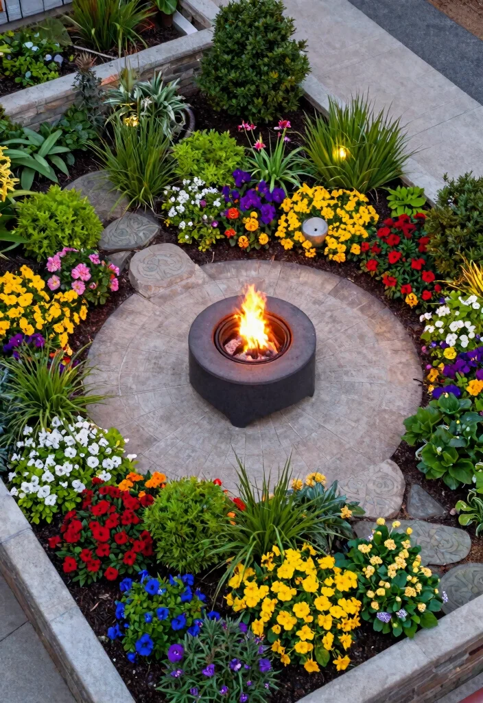10 Best Fire Pit Top View Layouts for Perfect Planning 4. Fire Pit Surrounded by Colorful Plant Borders 0