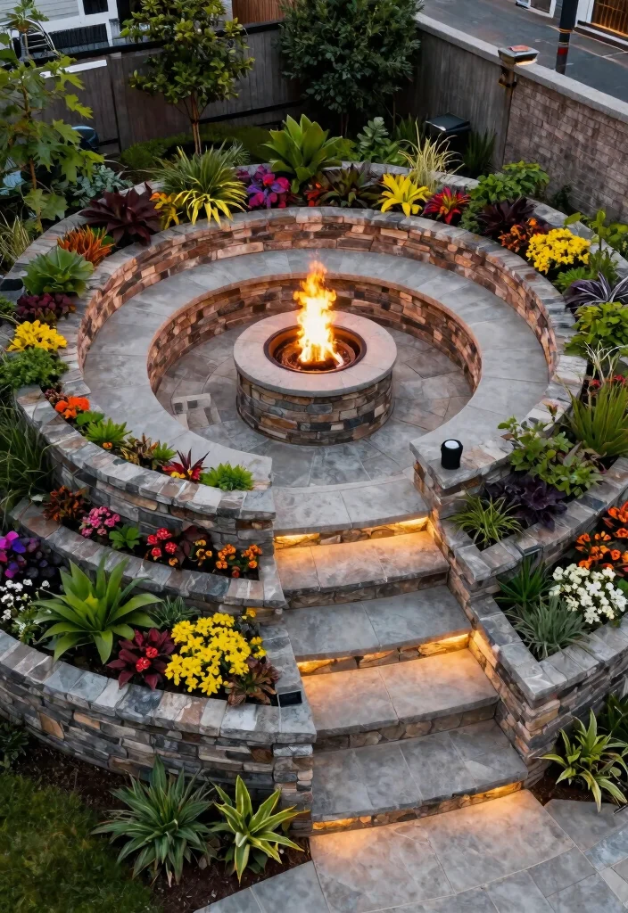 10 Best Fire Pit Top View Layouts for Perfect Planning 9. Tiered Fire Pit with Steps and Seating 0