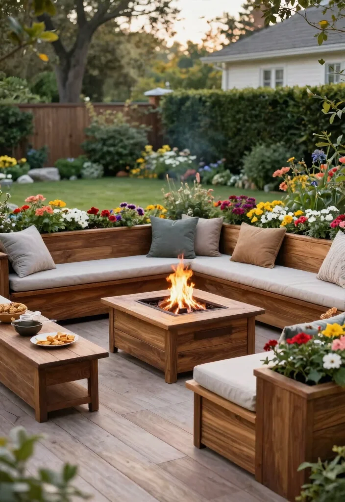 10 Best Outdoor Fire Pit Ideas with Built in Seating 2. L Shaped Seating with Built in Planter Boxes 0
