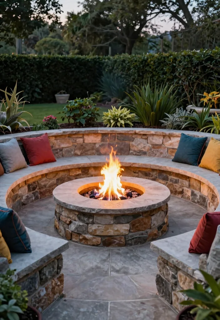 10 Best Outdoor Fire Pit Ideas with Built in Seating 3. Raised Fire Pit with Stone Bench Seating 0