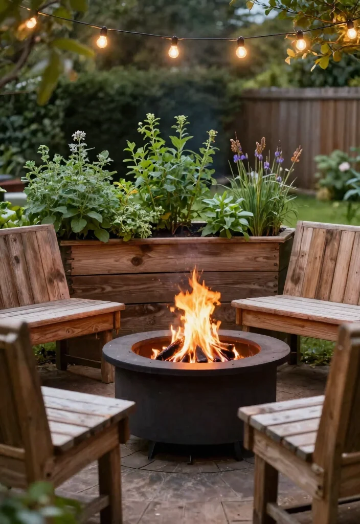 10 Best Outdoor Fire Pit Ideas with Built in Seating 4. Rustic Timber Seating with Built in Herb Garden 0