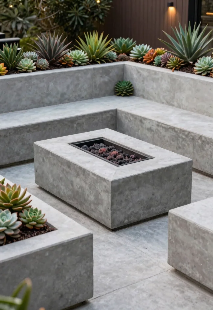 10 Best Outdoor Fire Pit Ideas with Built in Seating 5. Modern Concrete Seating with Succulent Planters 0