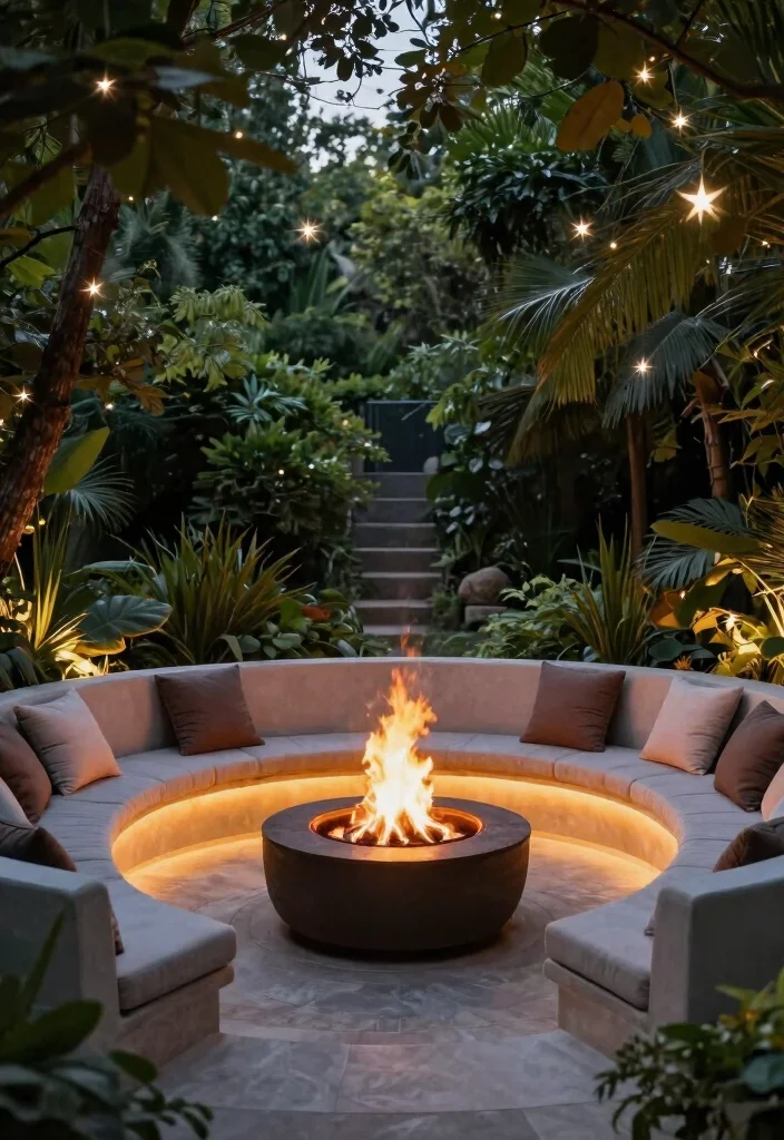 10 Best Outdoor Fire Pit Ideas with Built in Seating 7. Curved Seating with Integrated Lighting 0