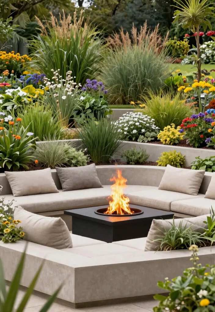 10 Best Outdoor Fire Pit Ideas with Built in Seating 8. Platform Seating with Multi Level Planters 0