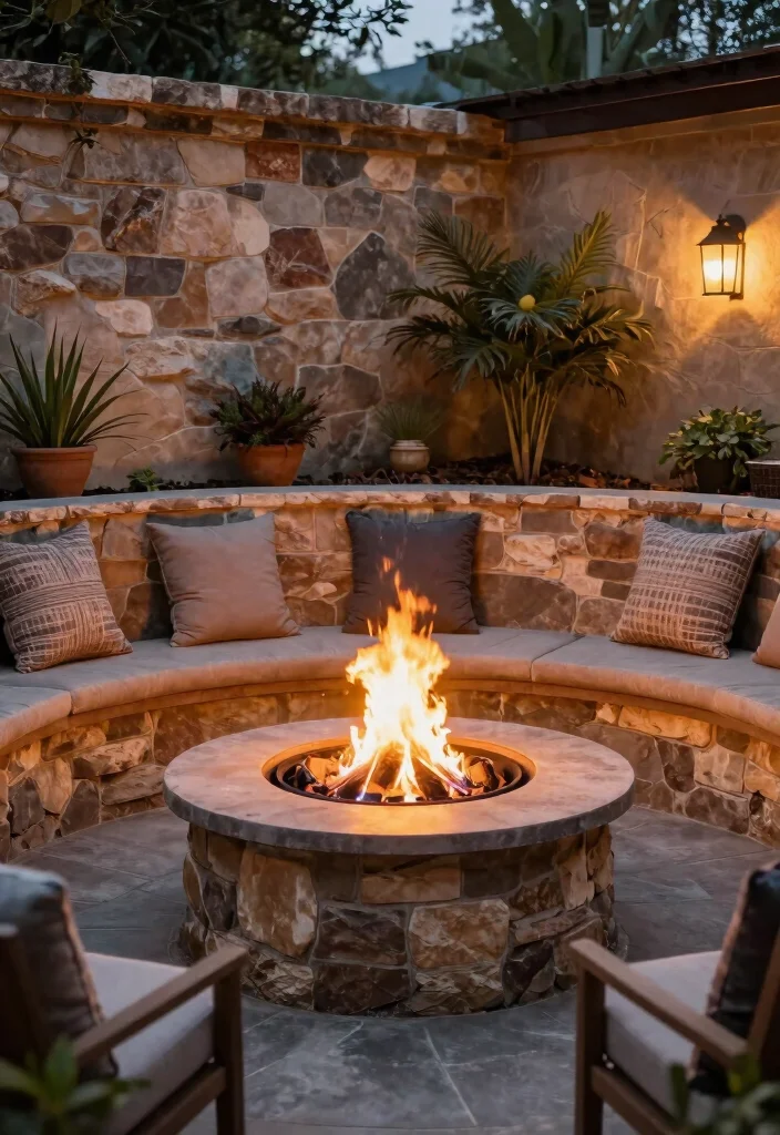 10 Contemporary Outdoor Fire Pit Designs for a High End Look 5. Round Patio Fire Pit with Seating Wall 0