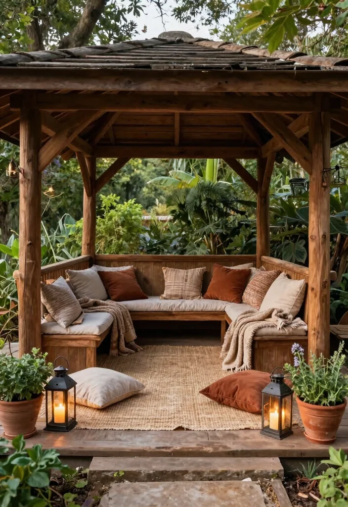 10 Cozy Gazebo Ideas with Rugs Cushions Lights 2. Rustic Retreat 0