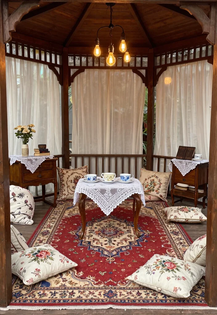 10 Cozy Gazebo Ideas with Rugs Cushions Lights 6. Vintage Charm 0