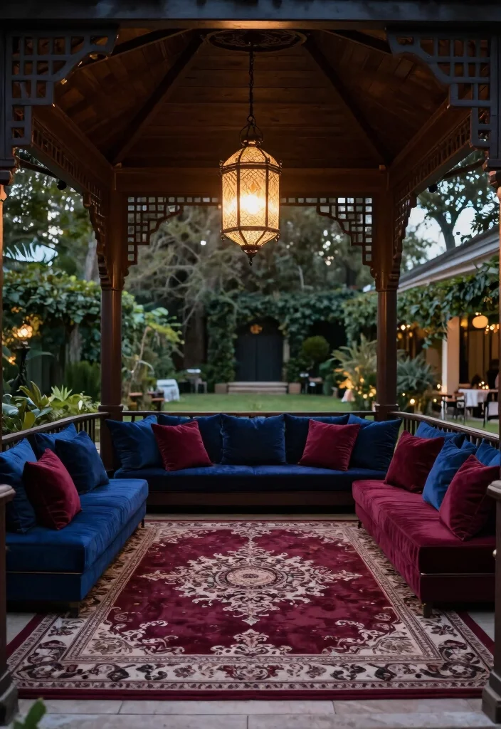10 Cozy Gazebo Ideas with Rugs Cushions Lights 8. Elegant Evening Retreat 0