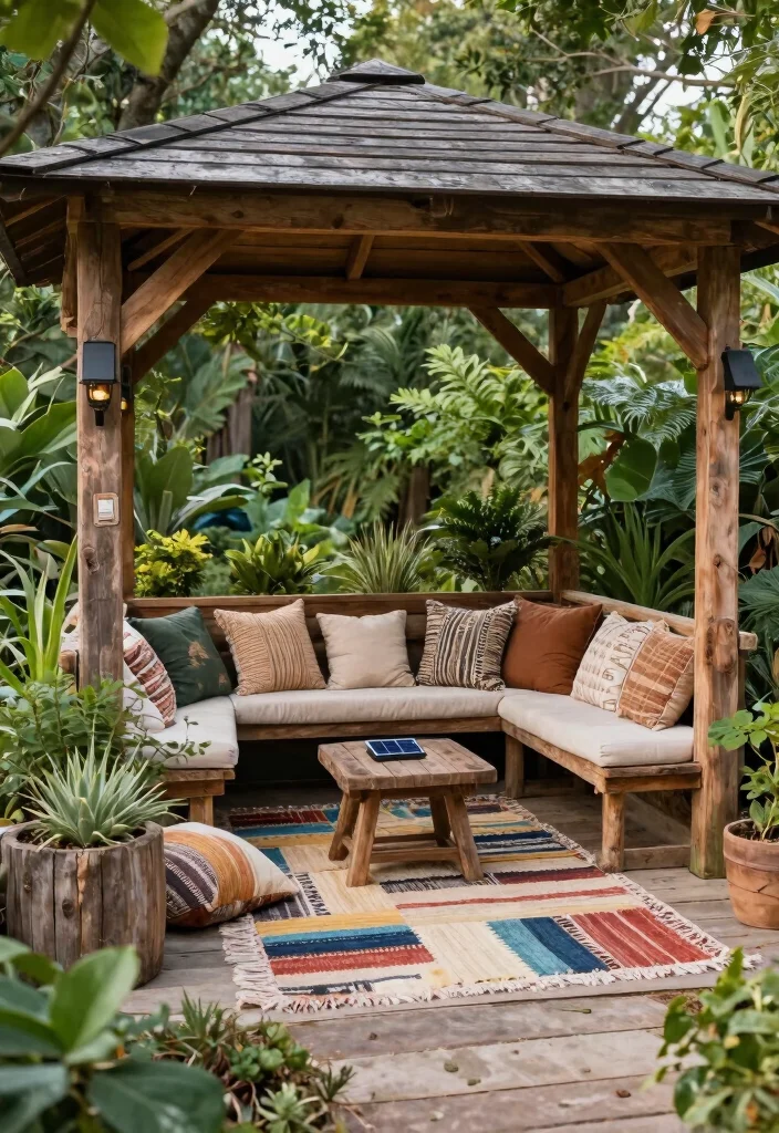 10 Cozy Gazebo Ideas with Rugs Cushions Lights 9. Eco Friendly Oasis 0