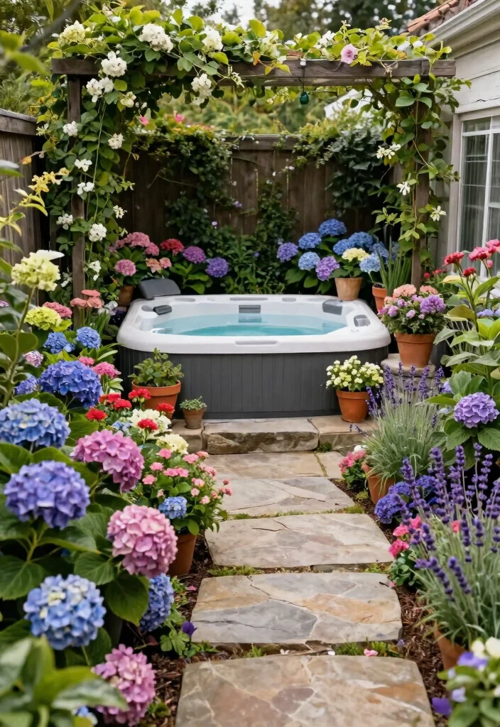 10 Dreamy Hot Tub Oasis Ideas to Transform Your Yard 1. Floral Paradise 0
