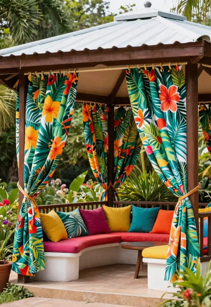 10 Elegant Gazebo Curtain Ideas for Privacy Style 2. Bold Patterns 0