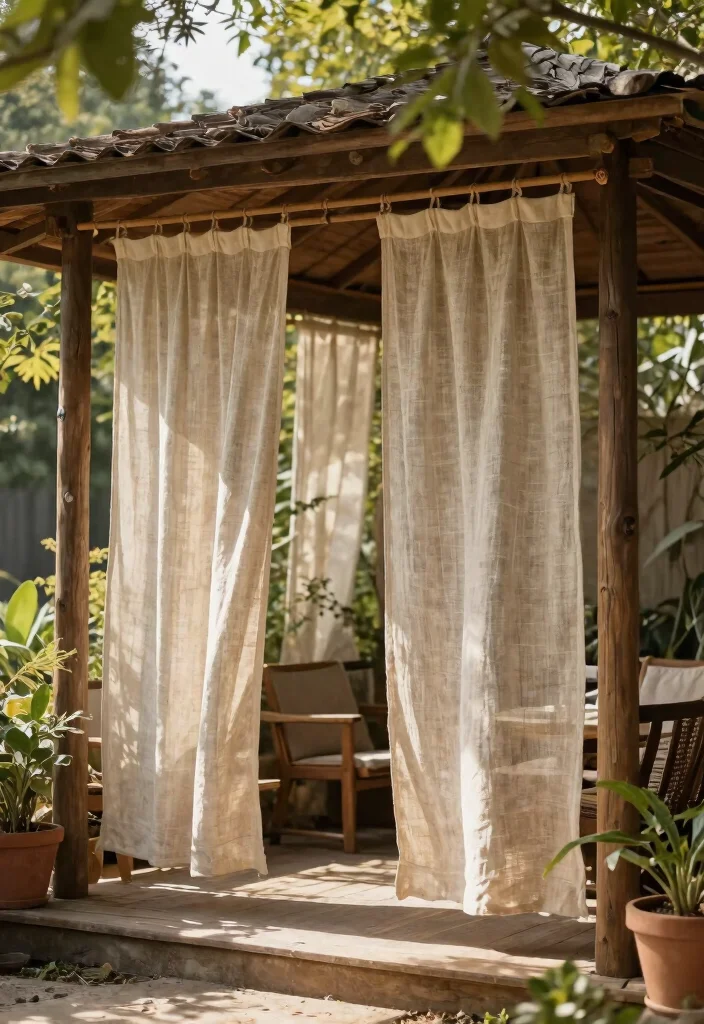 10 Elegant Gazebo Curtain Ideas for Privacy Style 3. Rustic Charm with Natural Fabrics 0
