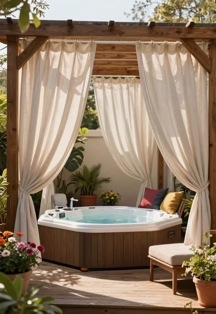 10 Modern Hot Tub Screening Ideas for Total Privacy 3. Outdoor Curtains 0