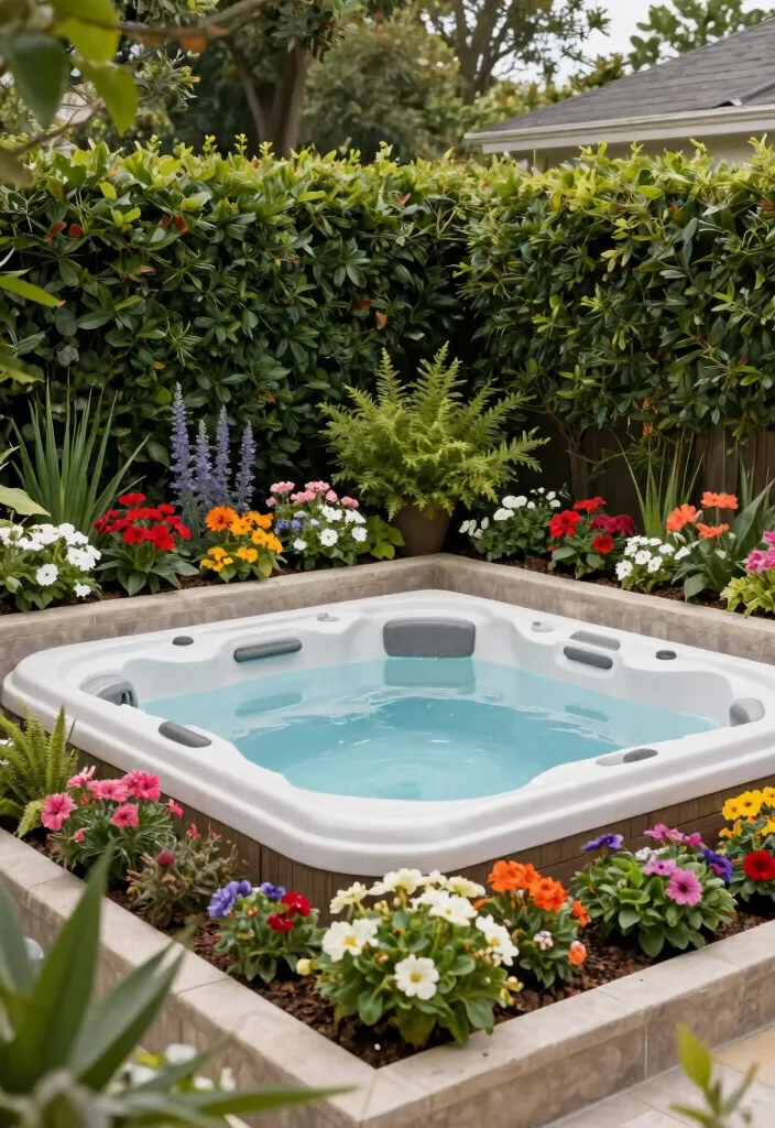 10 Smart Small Yard Hot Tub Ideas to Save Space 3. Built In Hot Tub and Planter Combo 0
