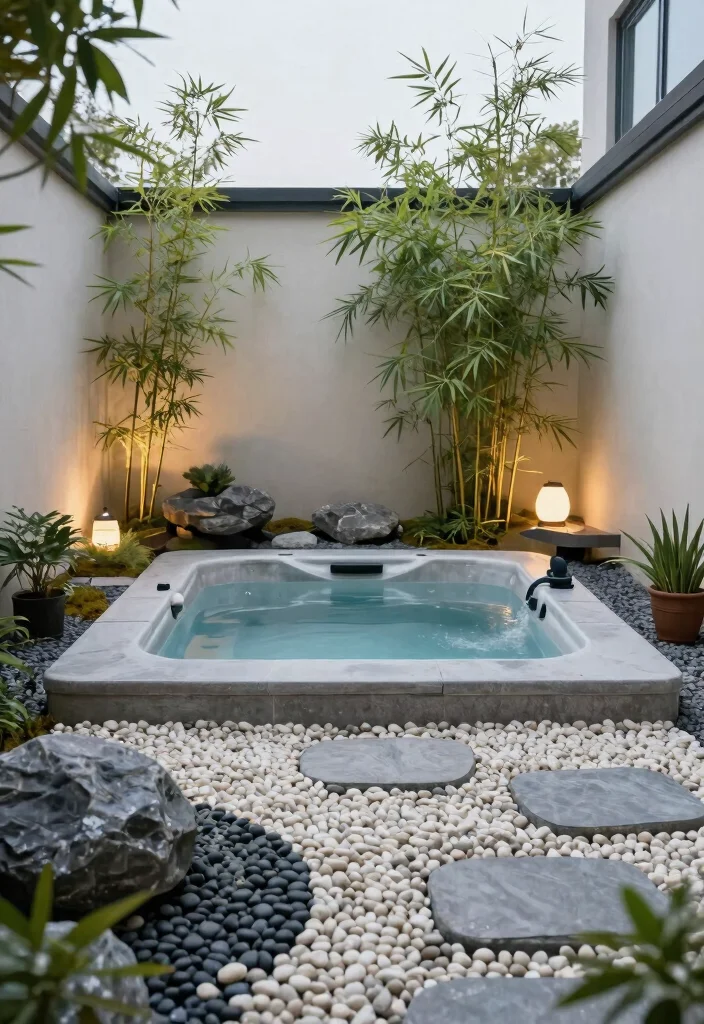 10 Smart Small Yard Hot Tub Ideas to Save Space 6. Hot Tub Surrounded by a Zen Garden 0