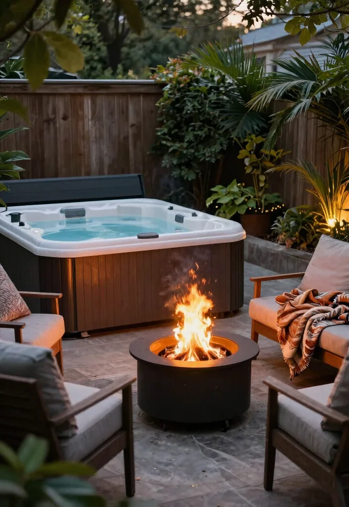 10 Smart Small Yard Hot Tub Ideas to Save Space 7. Hot Tub Adjacent to a Fire Pit 0
