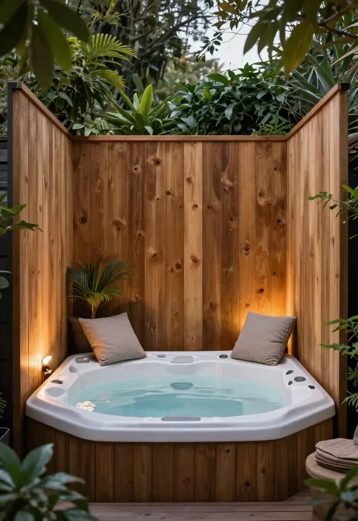 10 Smart Small Yard Hot Tub Ideas to Save Space 8. Privacy Focused Hot Tub Nook 0
