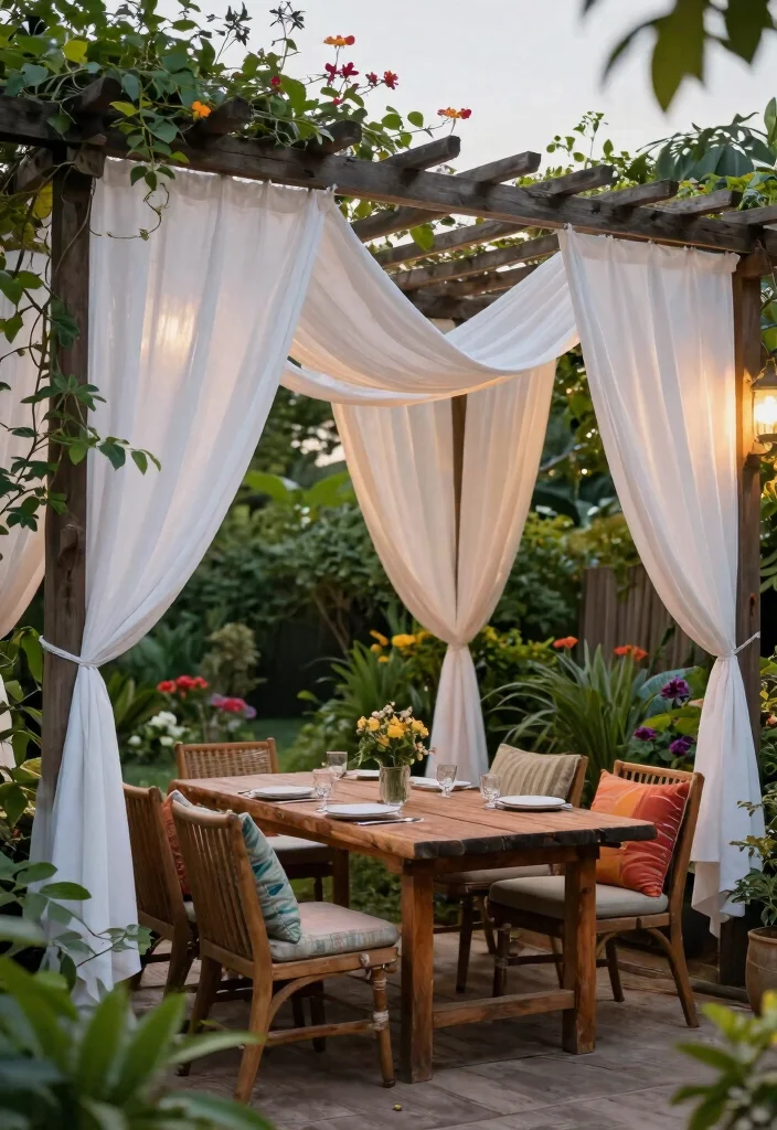 11 Backyard Pergola Gazebo Ideas for Perfect Shade 3. Pergola with Draped Fabric 0