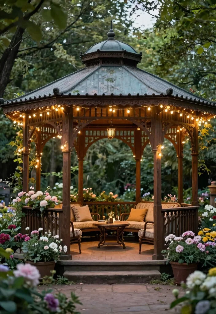 11 Backyard Pergola Gazebo Ideas for Perfect Shade 7. Vintage Gazebo with Twinkling Lights 0