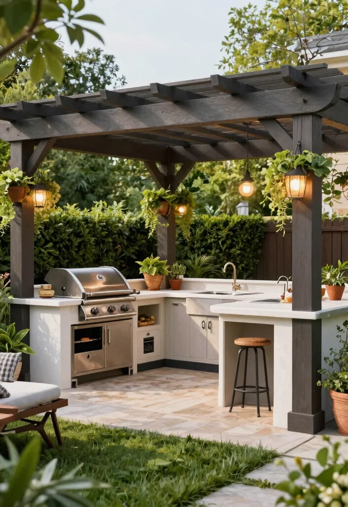 11 Backyard Pergola Gazebo Ideas for Perfect Shade 9. Pergola with Built in Outdoor Kitchen 0