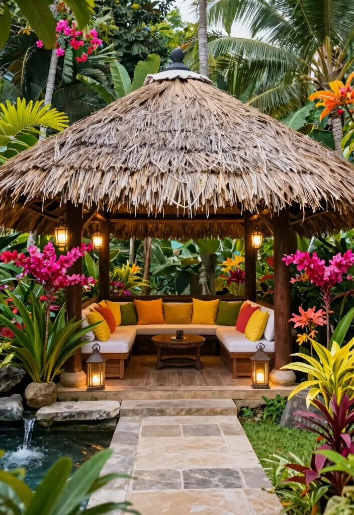 11 Grand Backyard Gazebo Pavilion Ideas for Hosting 6. Charming Thatched Roof Pavilion 0