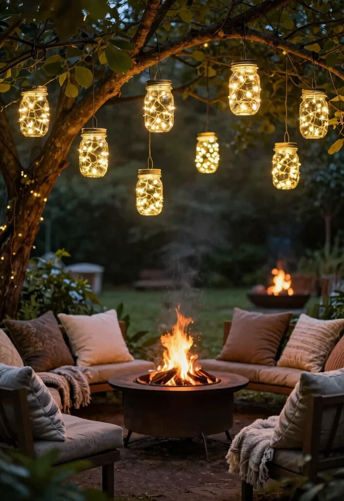 11 Magical Fire Pit Lighting Ideas for a Glow Up Night 5. Fairy Lights in Mason Jars for a Charming Touch 0