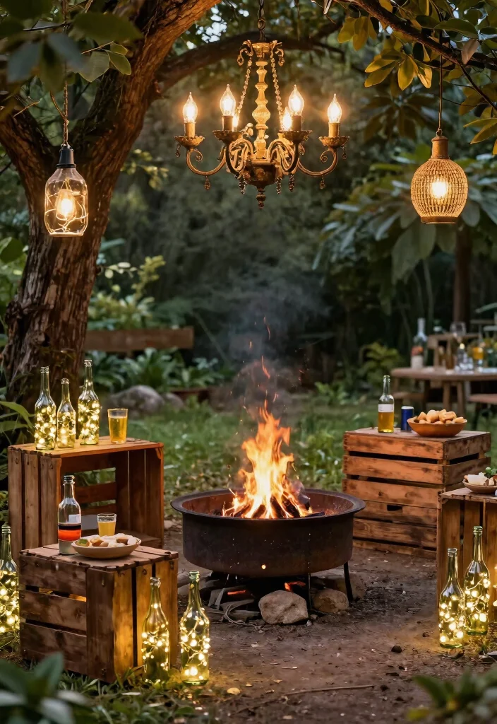 11 Magical Fire Pit Lighting Ideas for a Glow Up Night 9. Upcycled Lighting Fixtures for Eco Friendly Charm 0