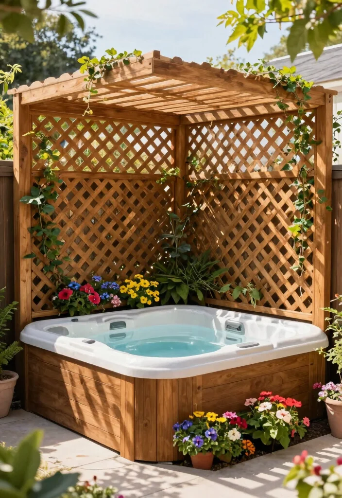 11 Stylish Hot Tub Fence Ideas for Safety Peace 1. Lattice Panel Fencing for Visual Appeal 0