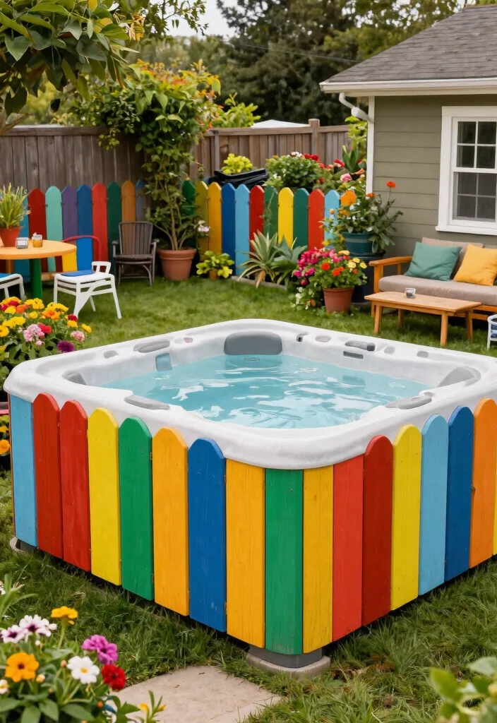 11 Stylish Hot Tub Fence Ideas for Safety Peace 11. Colorful Painted Fences for Fun Vibes 0