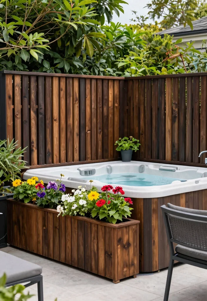 11 Stylish Hot Tub Fence Ideas for Safety Peace 4. Vertical Slat Fencing for Contemporary Design 0