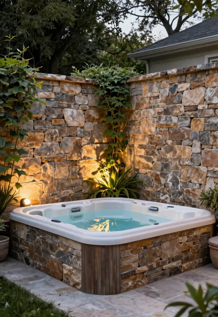 11 Stylish Hot Tub Fence Ideas for Safety Peace 5. Stone Wall Fencing for Timeless Elegance 0