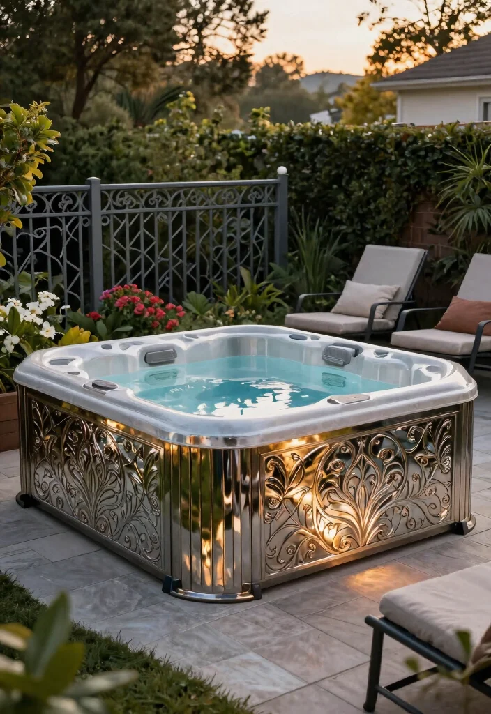 11 Stylish Hot Tub Fence Ideas for Safety Peace 6. Decorative Metal Fencing for Artistic Flair 0