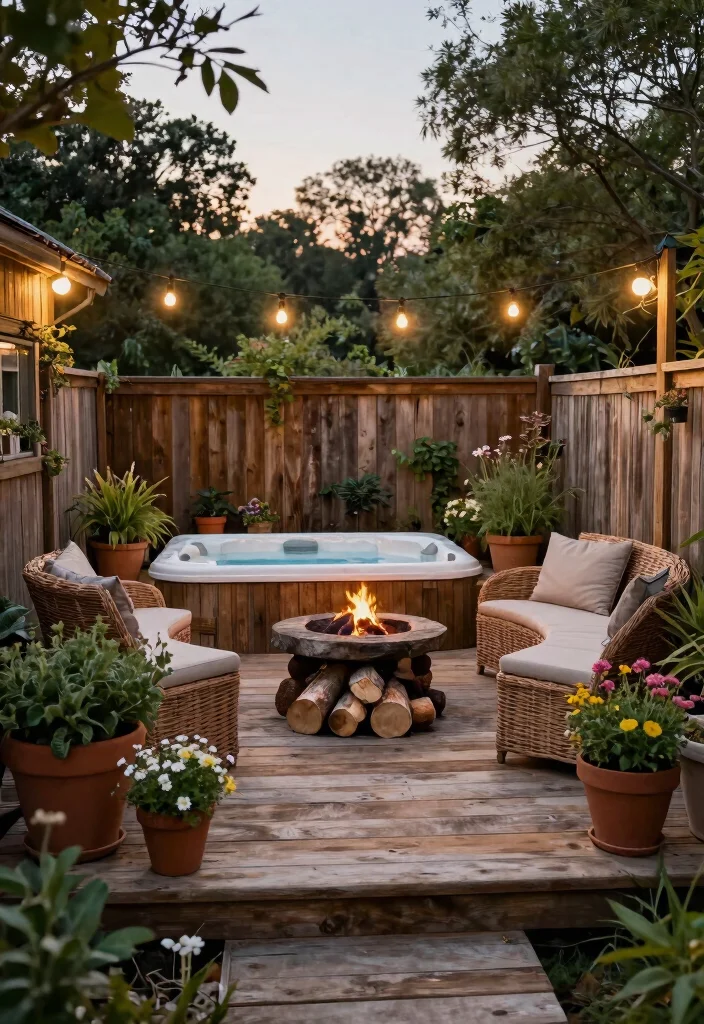 12 Best Backyard Concepts with Hot Tub and Fire Pit Layouts 1. Rustic Elegance Reclaimed Wood Decks 0