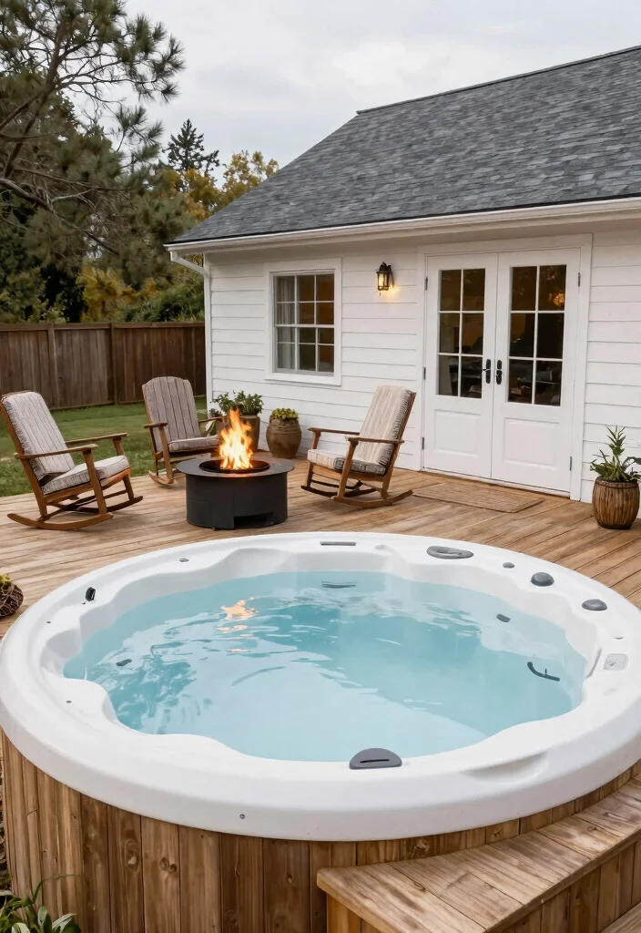 12 Best Backyard Concepts with Hot Tub and Fire Pit Layouts 12. Farmhouse Flair Classic Charm with a Modern Twist 0