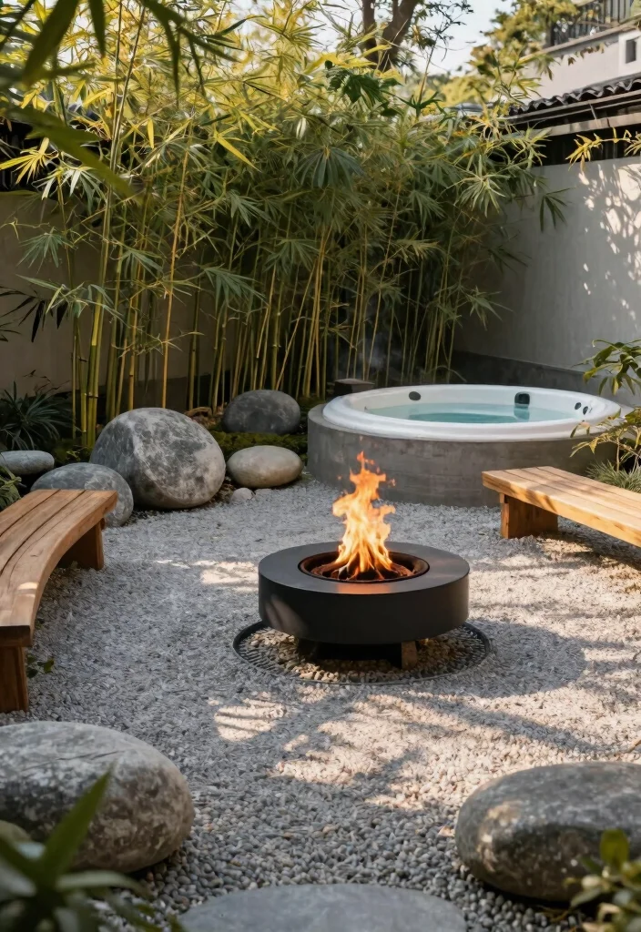 12 Best Backyard Concepts with Hot Tub and Fire Pit Layouts 2. Zen Garden Retreat Minimalist Designs 0