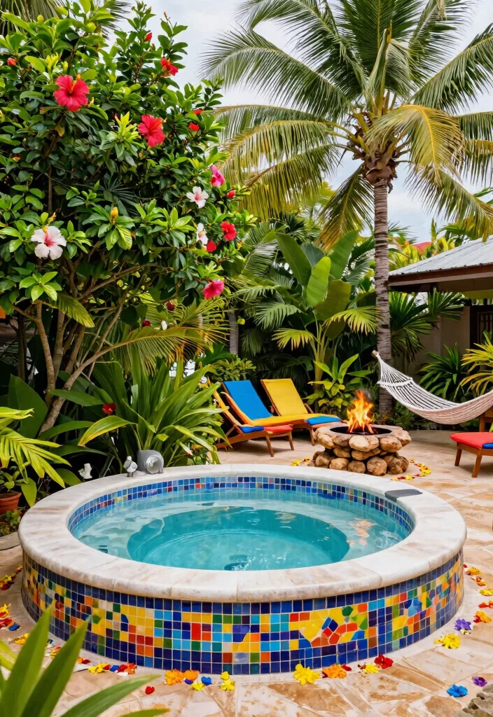 12 Best Backyard Concepts with Hot Tub and Fire Pit Layouts 3. Tropical Escape Lush Foliage and Bright Colors 0