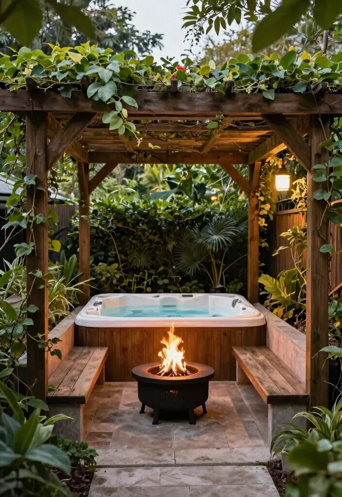 12 Best Backyard Concepts with Hot Tub and Fire Pit Layouts 4. Enclosed Oasis Pergolas and Privacy 0