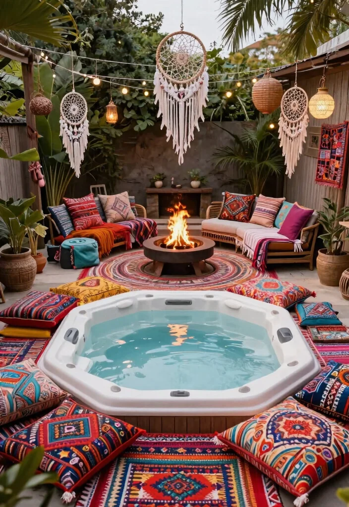 12 Best Backyard Concepts with Hot Tub and Fire Pit Layouts 6. Bohemian Vibe Colorful Textiles and Art 0