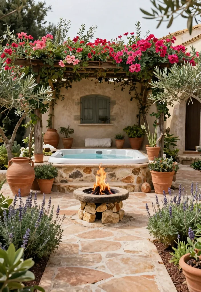 12 Best Backyard Concepts with Hot Tub and Fire Pit Layouts 7. Mediterranean Charm Terracotta and Olive Trees 0