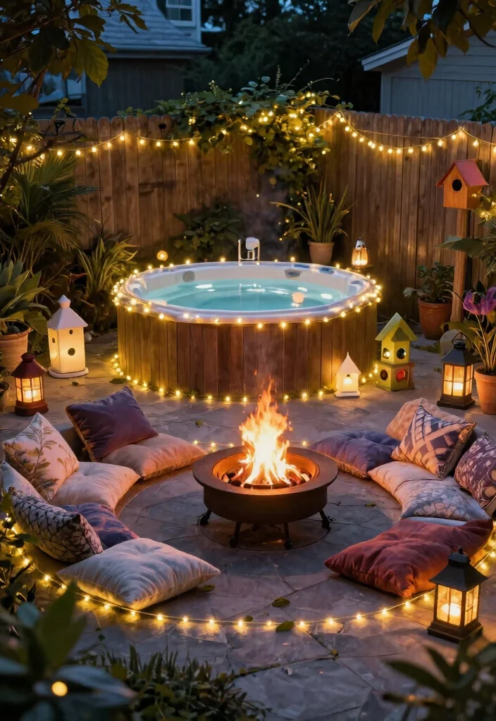 12 Best Backyard Concepts with Hot Tub and Fire Pit Layouts 9. Fairy Tale Aesthetic Twinkling Lights and Cozy Corners 0