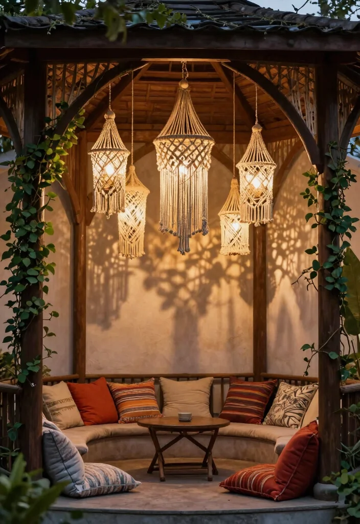 12 Magical Gazebo Lighting Ideas Hanging Lantern Focus 3. Bohemian Vibes with Macrame Lanterns 0