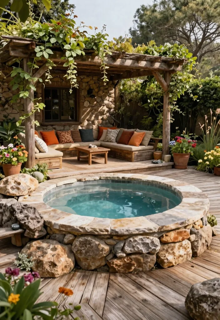 13 Incredible Pool Ideas with Integrated Hot Tubs 2. Rustic Charm with Natural Materials 0