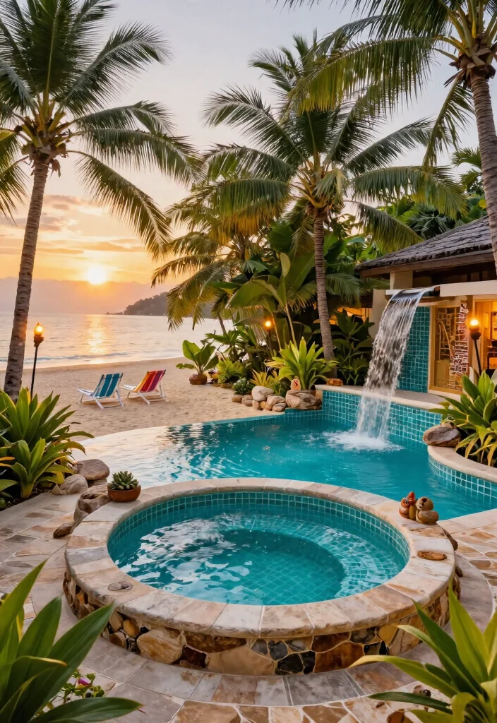 13 Incredible Pool Ideas with Integrated Hot Tubs 4. Tropical Paradise Vibes 0
