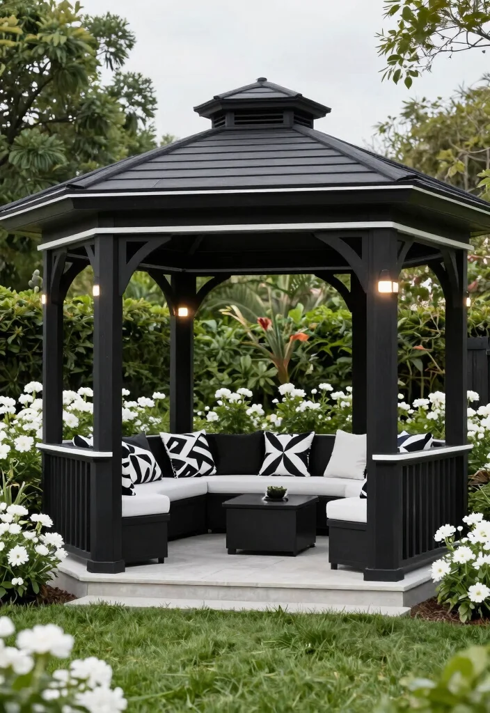5 Bold Painted Gazebo Ideas to Refresh Your Backyard 1. Chic Monochrome Marvel 0
