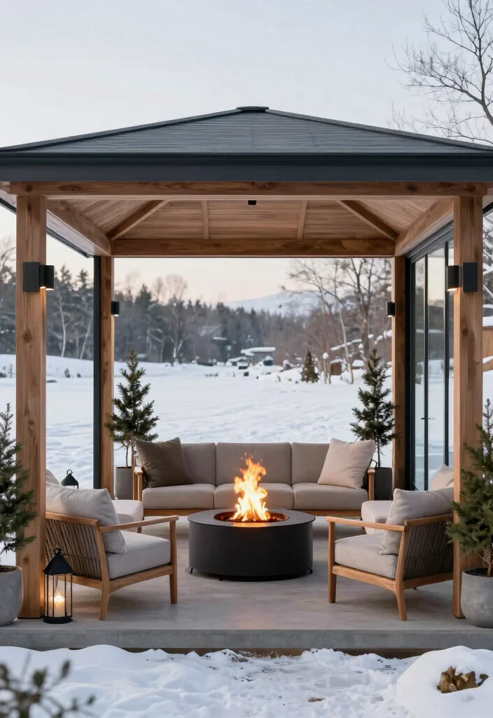 5 Cozy Gazebos with Fireplace Ideas for Winter Nights 12 5 Cozy Gazebos with Fireplace Ideas for Winter Nights 2. Modern Minimalist with Built in Fire Pit 0