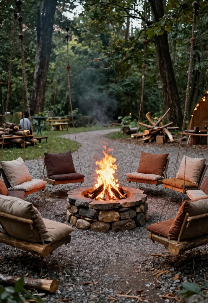 5 Playful Fire Pit Ideas Backyard with Swings So Fun 2. Rustic Fire Pit with Log Swings 0