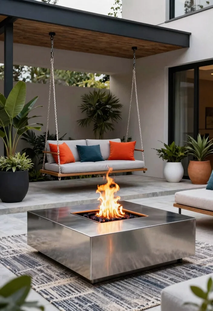 5 Playful Fire Pit Ideas Backyard with Swings So Fun 3. Modern Fire Pit with Hanging Swings 0