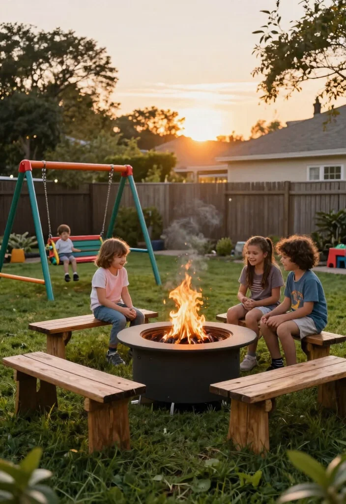 5 Playful Fire Pit Ideas Backyard with Swings So Fun 4. Family Friendly Fire Pit with Swing Set 0