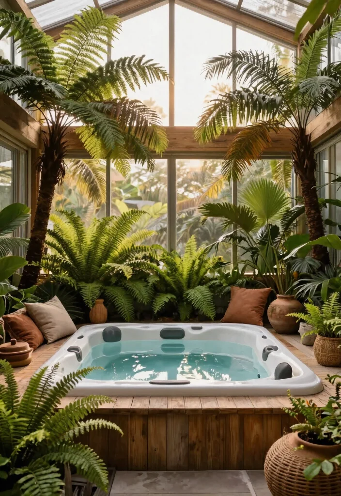 6 Bright Sunroom Hot Tub Ideas for IndoorOutdoor Flow 1. Tropical Oasis with Ferns and Palms 0