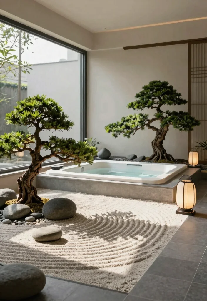 6 Bright Sunroom Hot Tub Ideas for IndoorOutdoor Flow 2. Zen Garden with Bonsai and Rocks 0